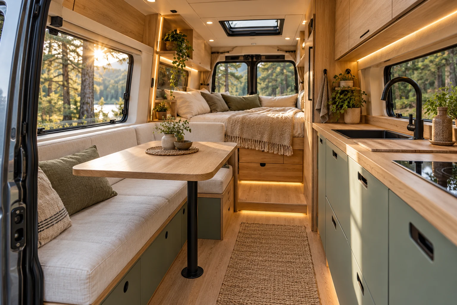 Ahşap ve yeşil detaylı motokaravan iç mekân tasarım konsepti